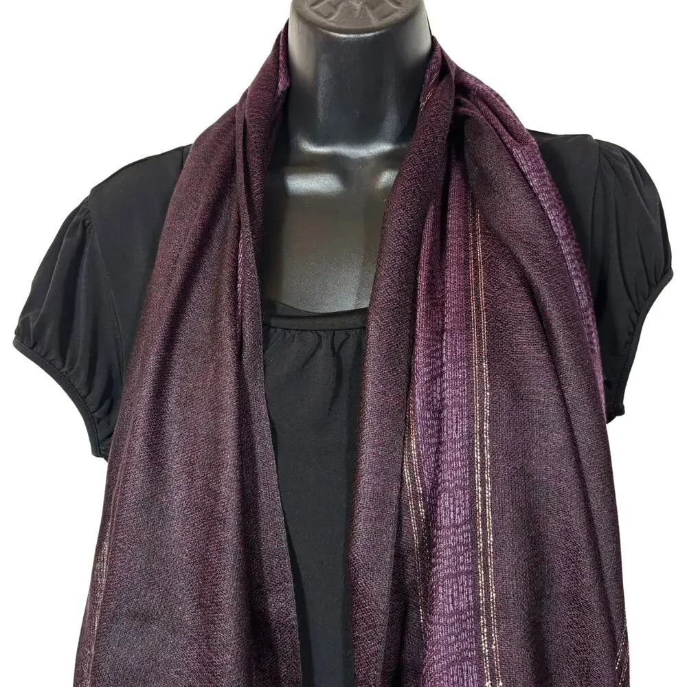 Purple Gold Woven Scarf Vintage Rectangle Scarf with Fringe Metallic 66 inch